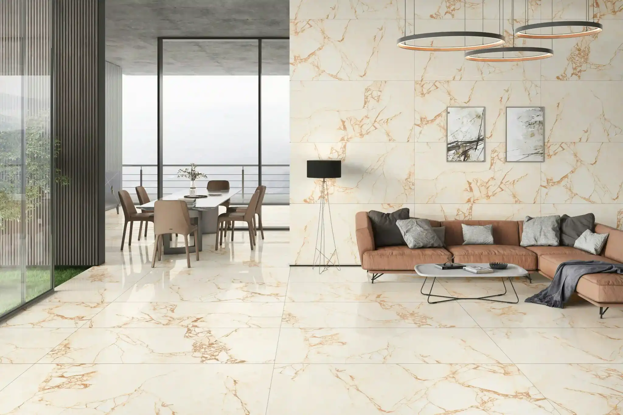 Elegant living and dining room with cream and gold-veined marble floor tiles