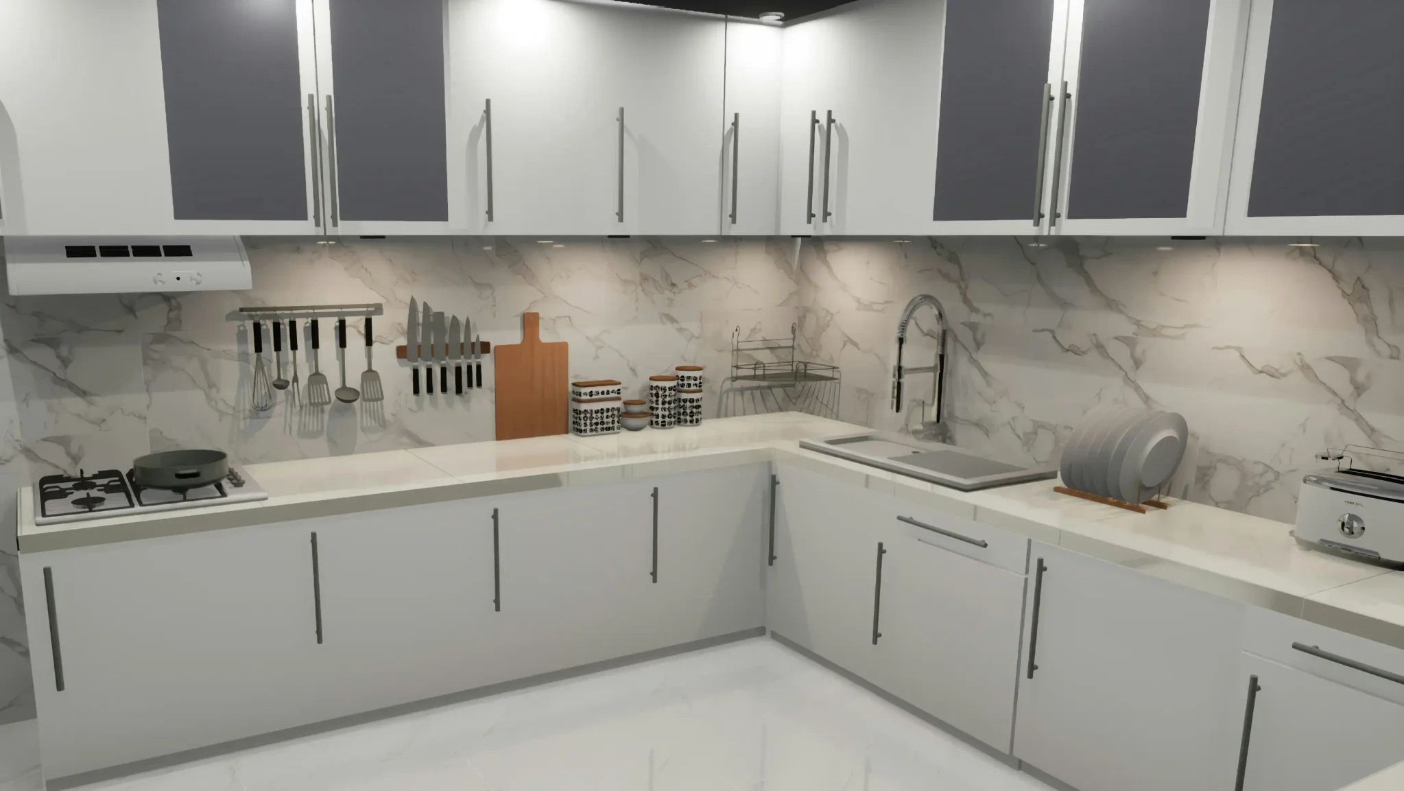 Vibrant green zellige square tile backsplash glowing under warm LED lighting in a white kitchen