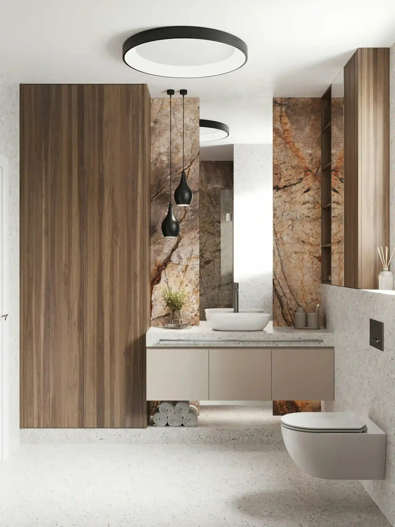 Luxury bathroom with dramatic marble accent wall, floating vanity, and wood cabinetry